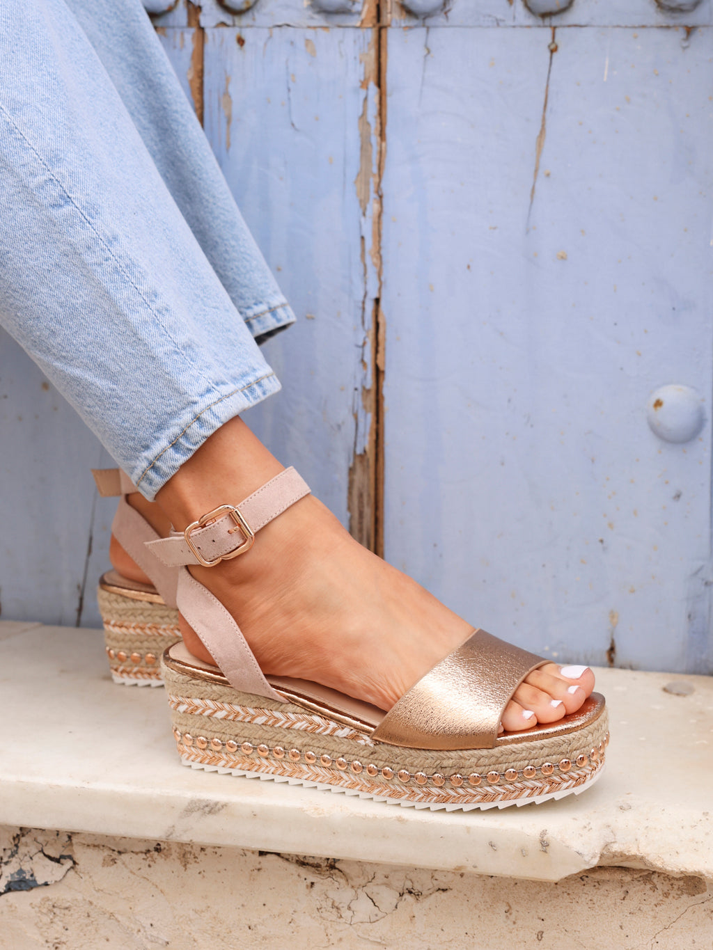 Rose Gold Nude Square Toe And Studded Espadrille Flatform โ Linzi