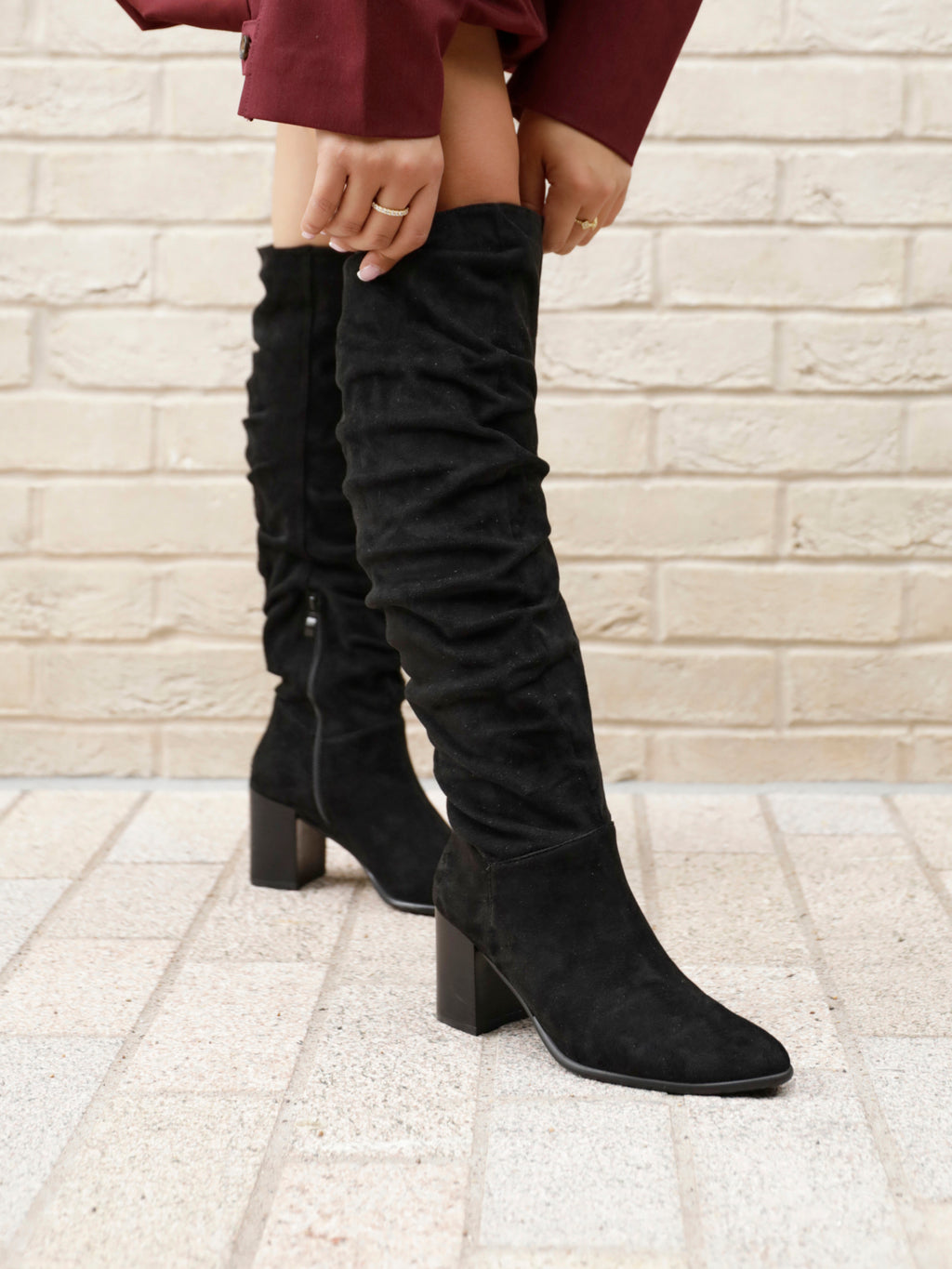 Black Faux Suede Knee High Boots With Leather Stacked Heel – Linzi