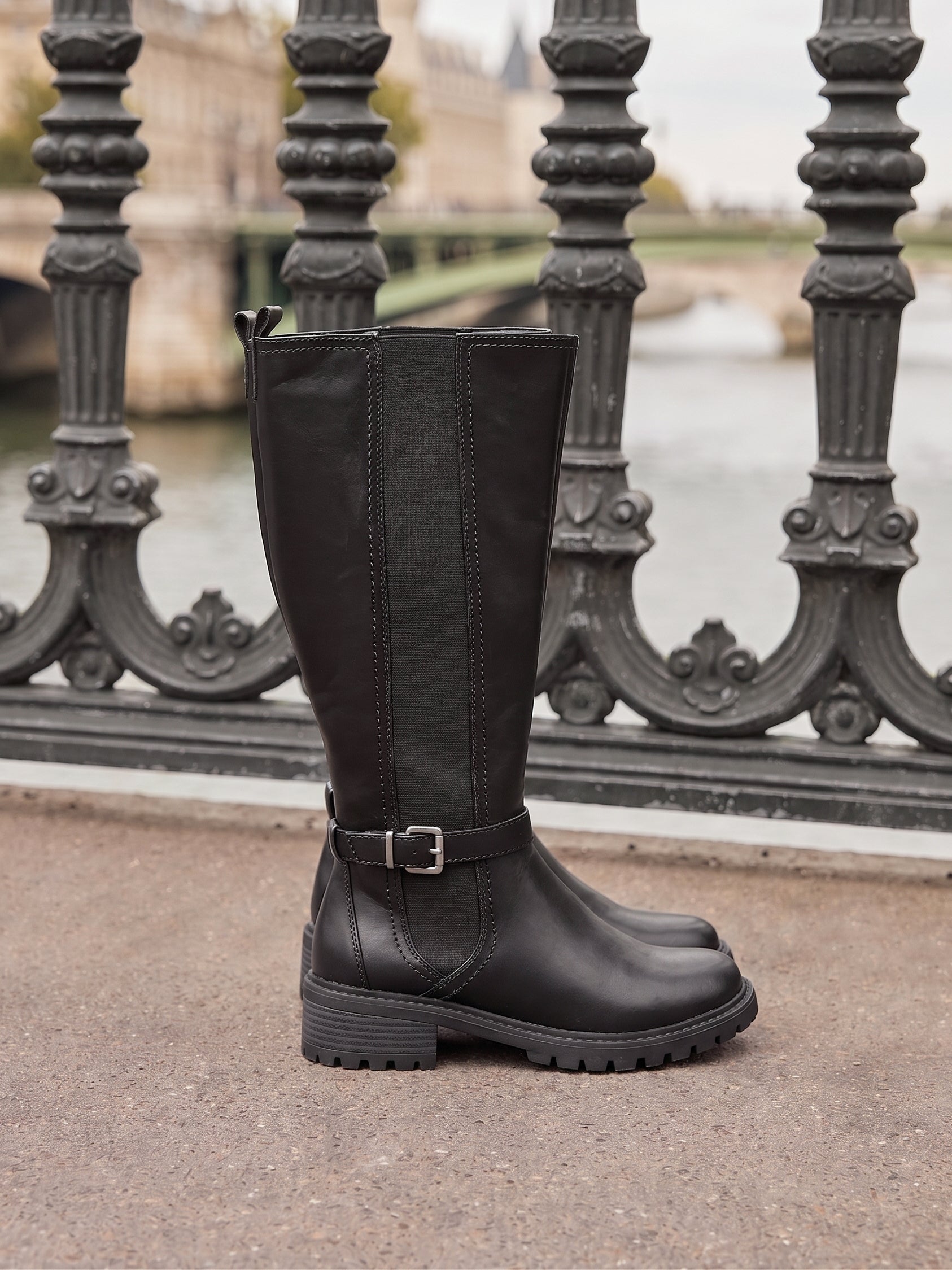 Black Faux Leather High Leg Boot With Stretch Panel and Buckle