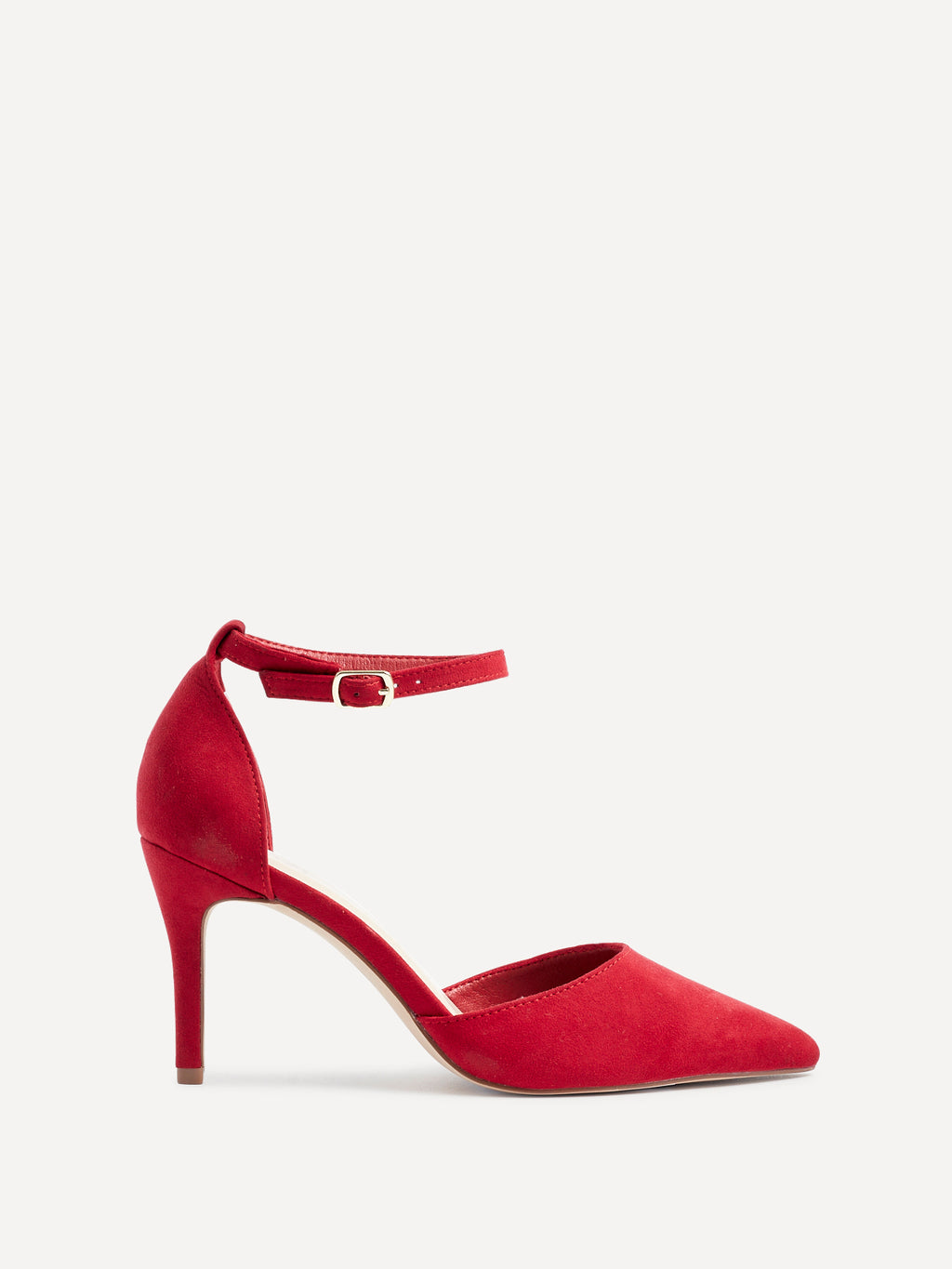 Wide Fit Red Faux Suede Stiletto Court Heel With Ankle Strap – Linzi