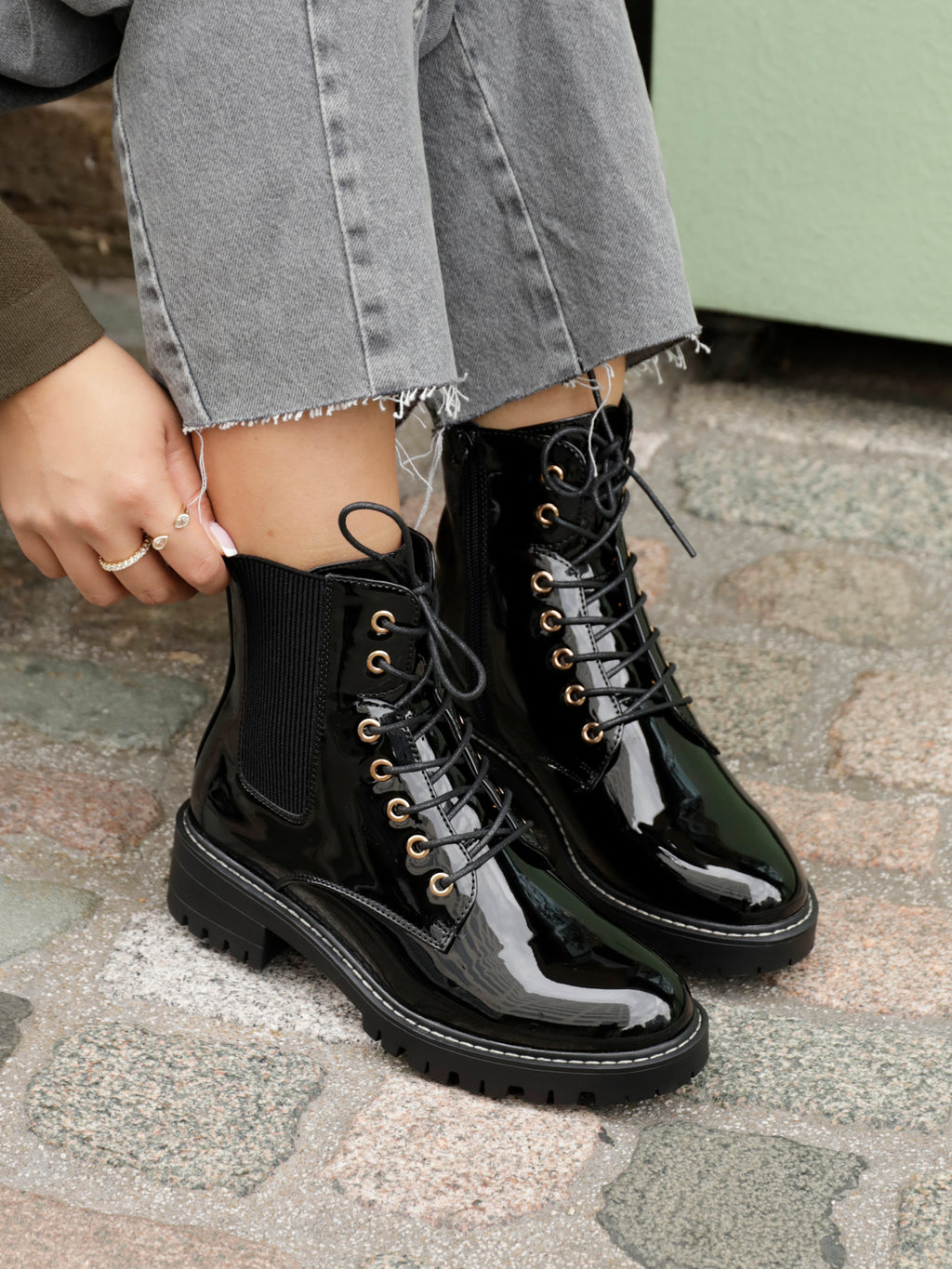 Black Faux Patent Military Boot With Gold Eyelets – Linzi