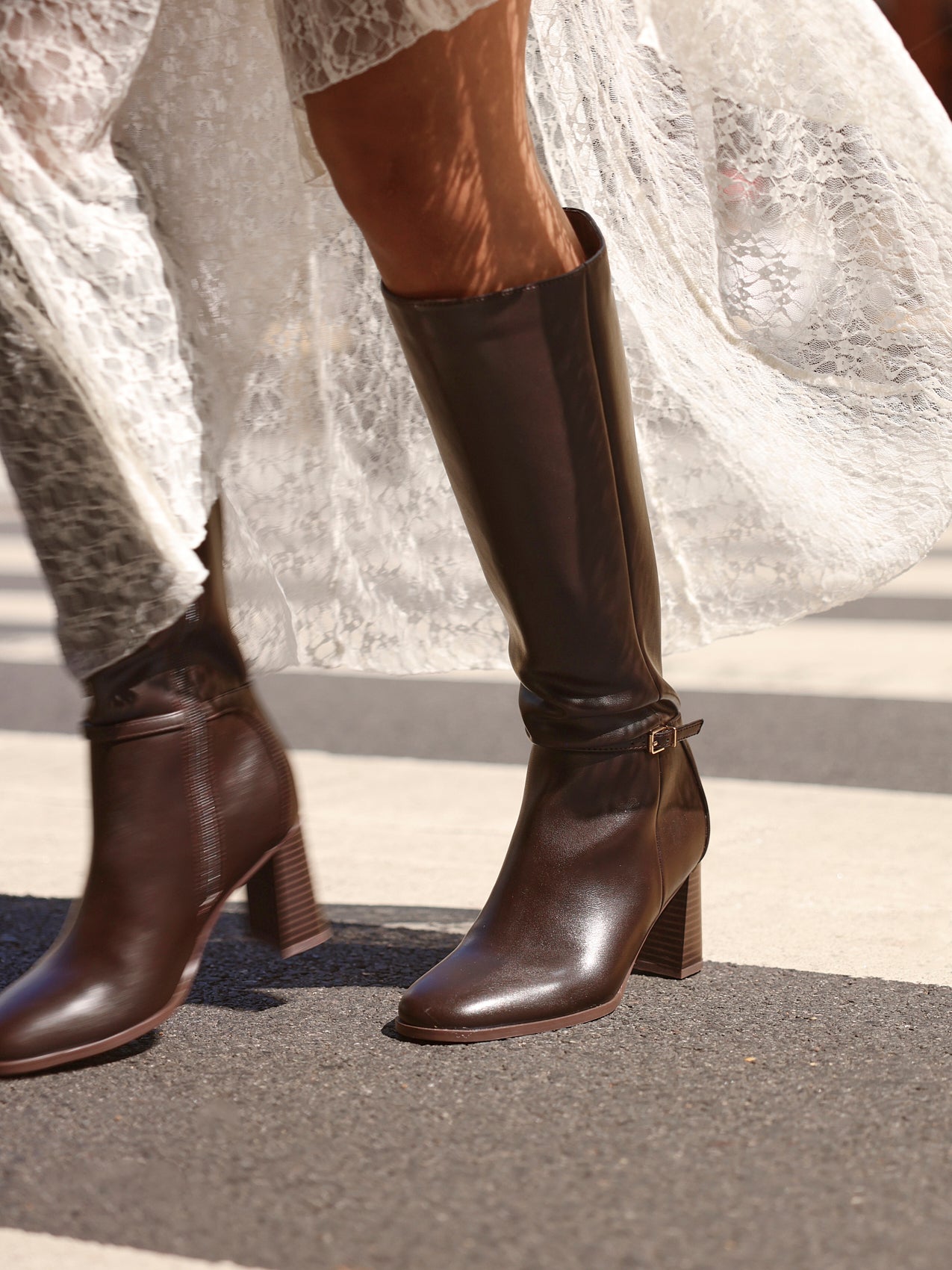 Brown Faux Leather Long Heeled Boot With Buckle Detail Brown Faux Leather Long Heeled Boot With Buckle Detail