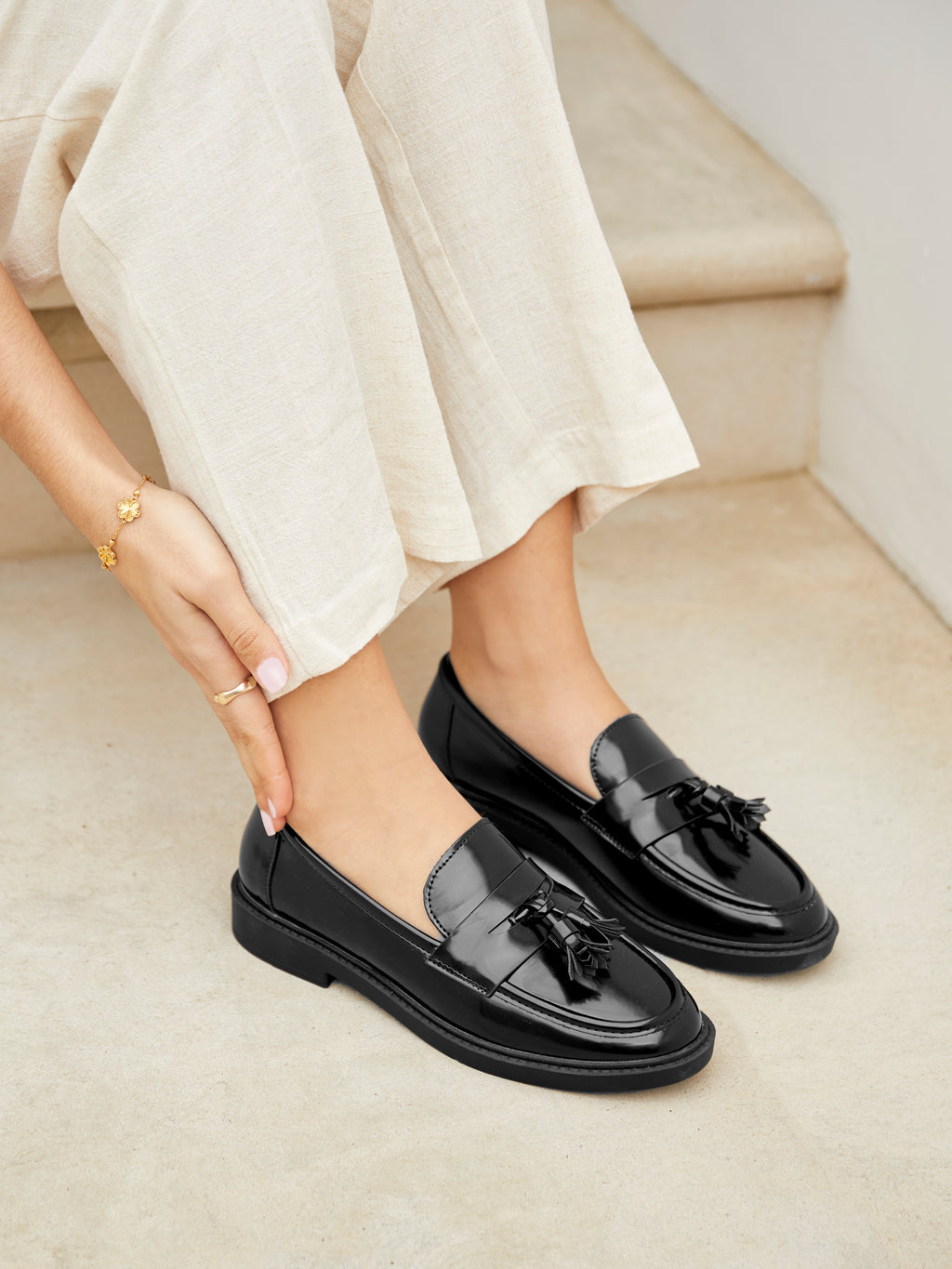 Black Faux Leather High Shine Classic Slip On Loafer With Tassel Linzi