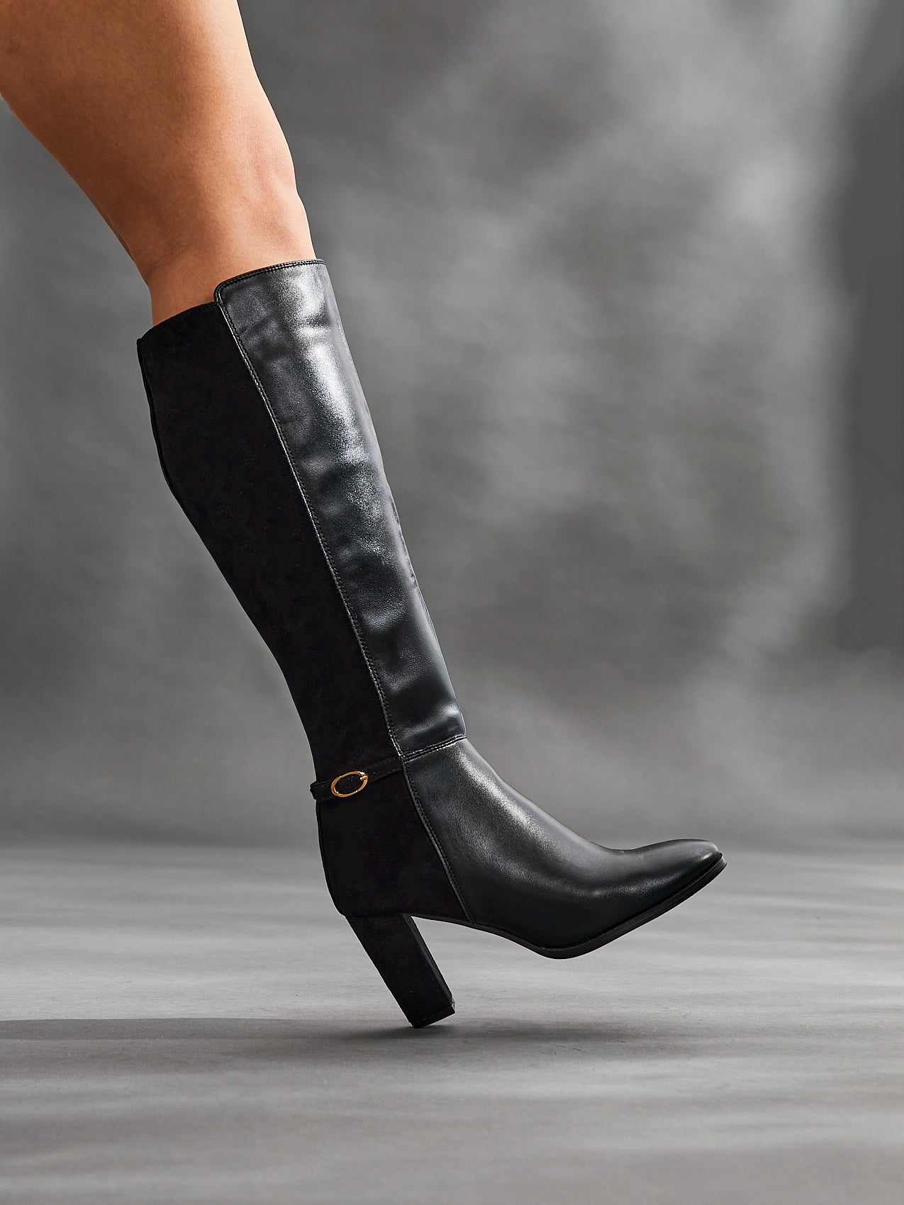 Black High Leg Block Heeled Boot With Buckle Detail Linzi Black High Leg Block Heeled Boot With Buckle Detail Linzi