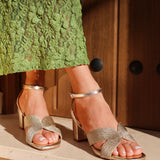Alessia Gold Woven Block Heeled Sandals