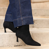 Secured Black Faux Suede Stiletto Ankle Boots
