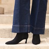 Secured Black Faux Suede Stiletto Ankle Boots