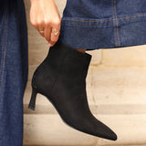 Secured Black Faux Suede Stiletto Ankle Boots