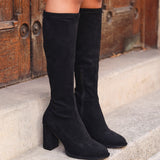 Kylie Black Stretch Long Block Heeled Boots