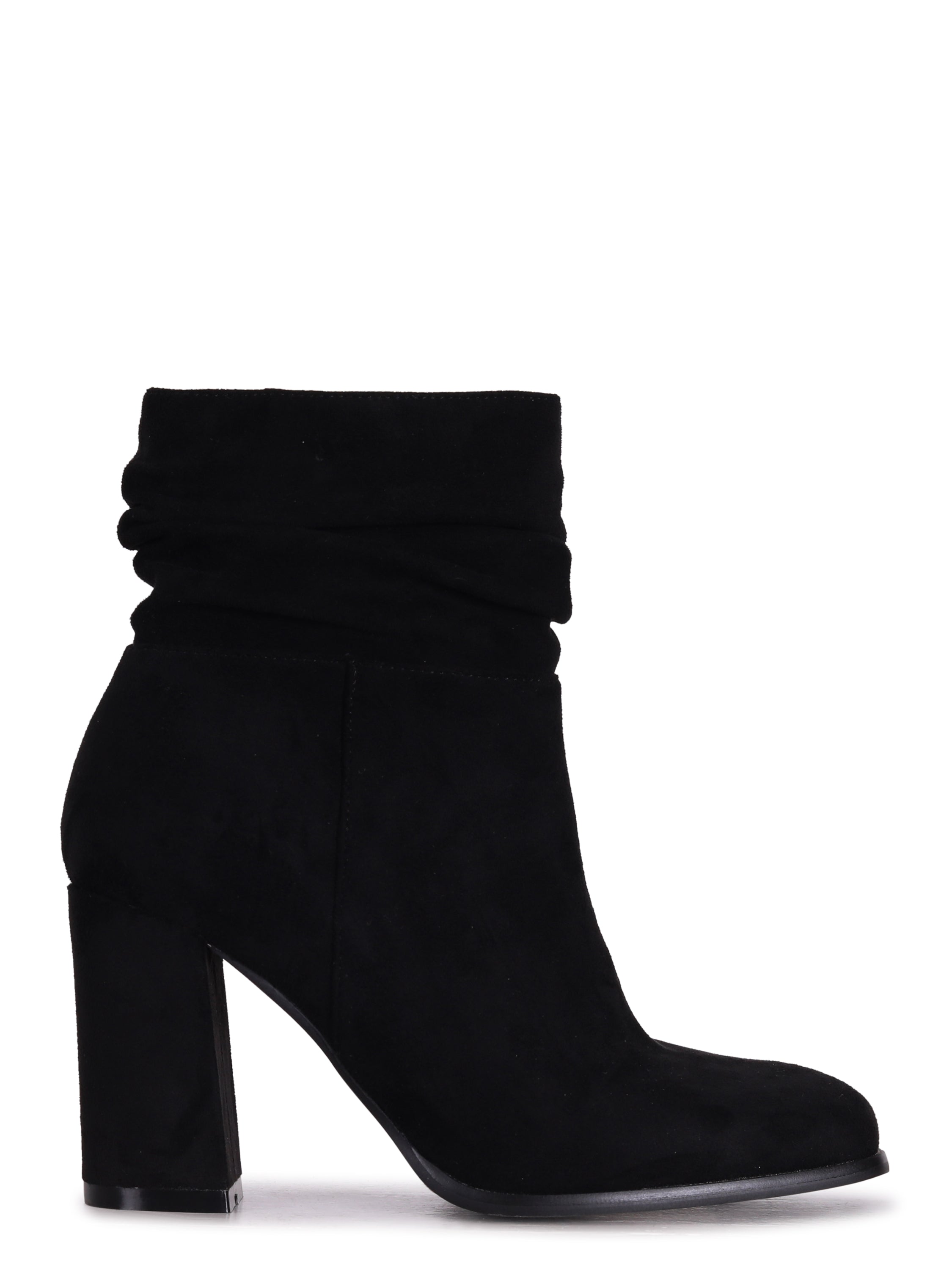 Black Faux Suede Ruched Square Toe Block Heeled Ankle Boot – Linzi