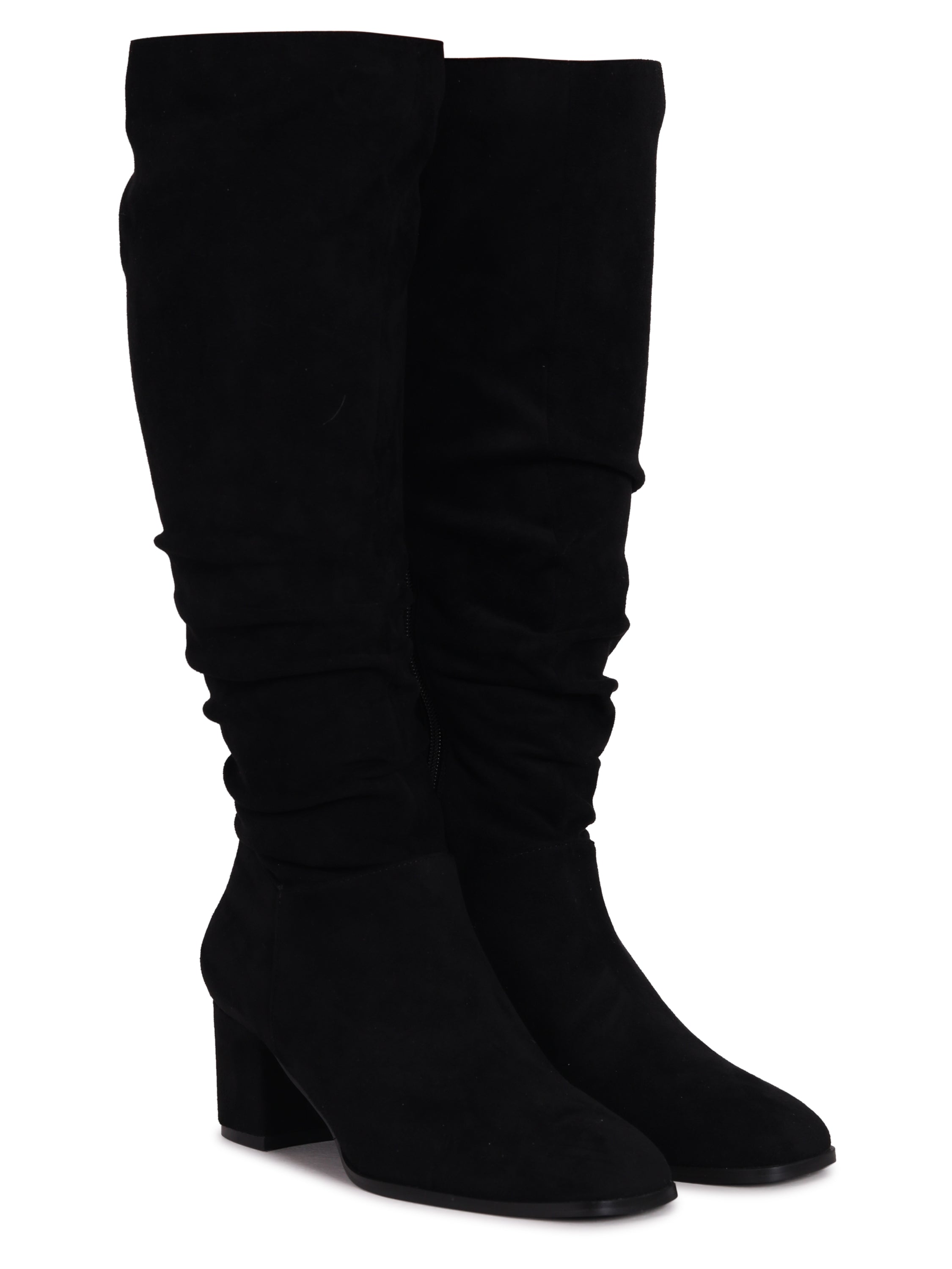 Black Faux Suede Knee High Block Heeled Ruched Boot With Square Toe – Linzi