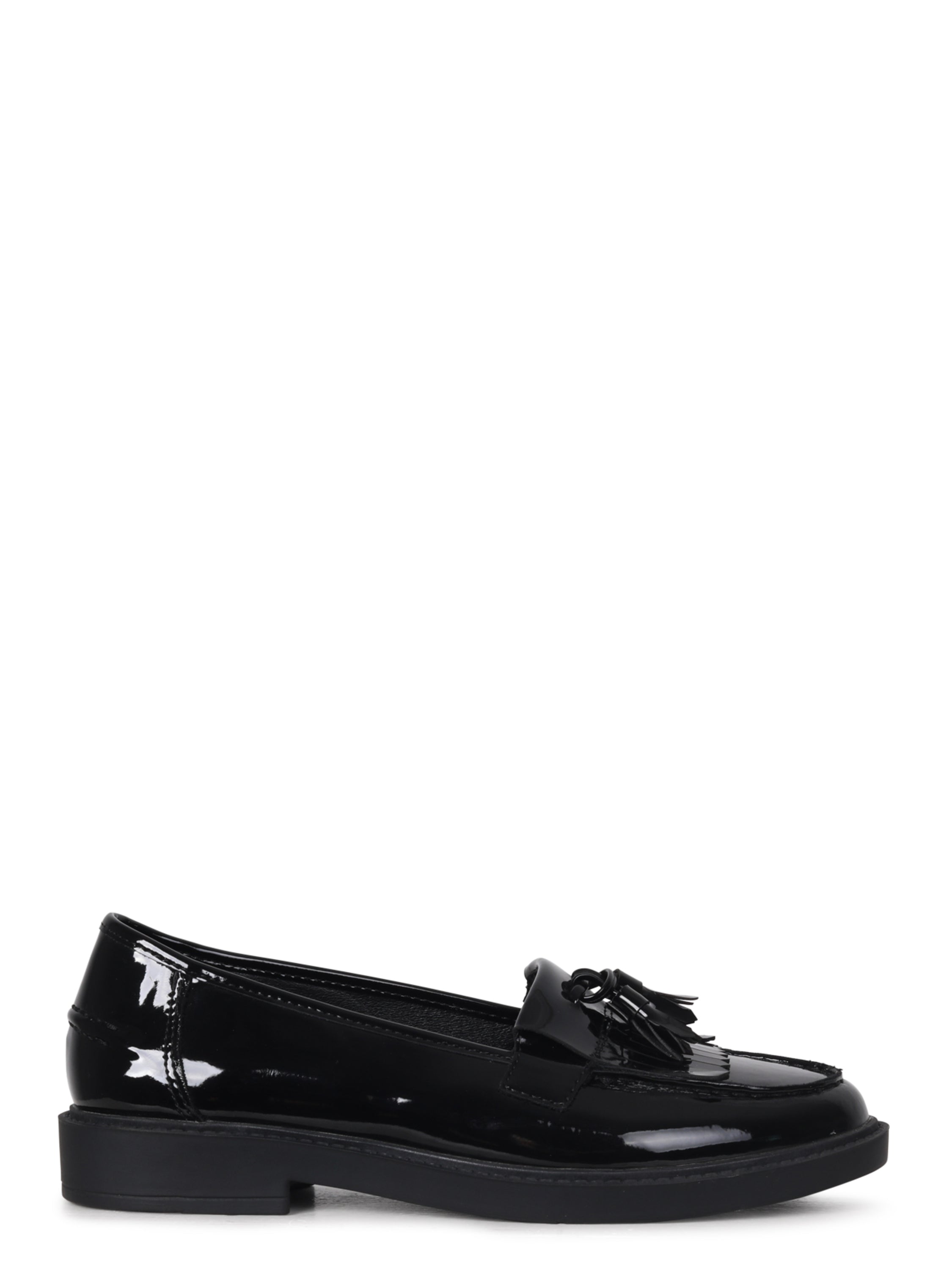 Black Faux Patent Leather Classic Slip On Loafer With Fringing – Linzi