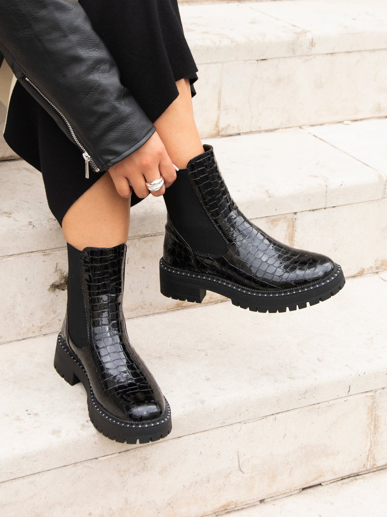 Chunky Chelsea Boots Black Chunky Croc Boots Wide Fit Back Tab
