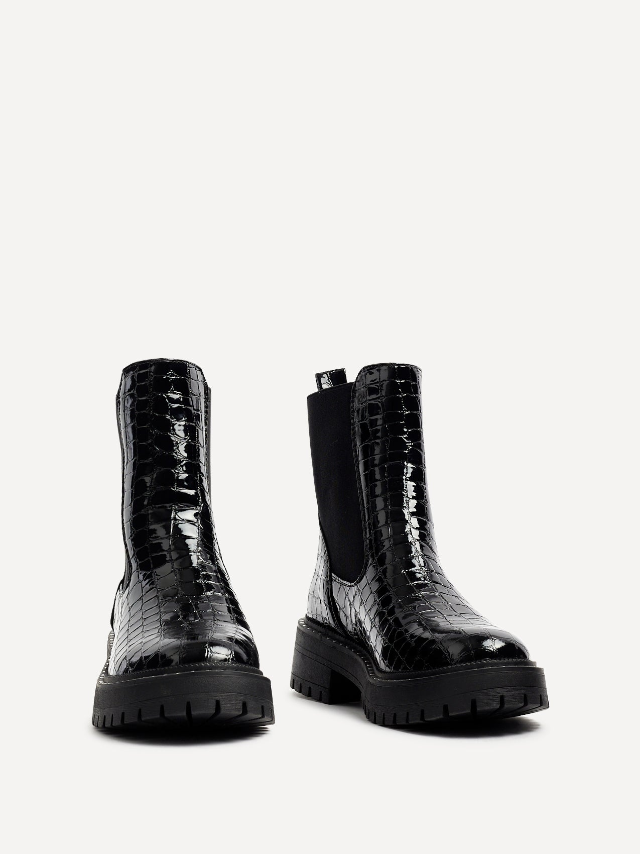 Black Faux Croc Patent Leather Silver Stud Detail Sole Chelsea