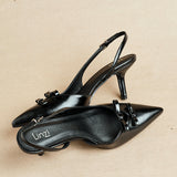 Aysha Black Faux Leather Bow Court Heels