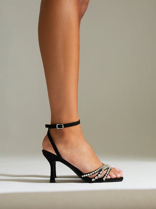 Bling Black Strappy Diamante Heels