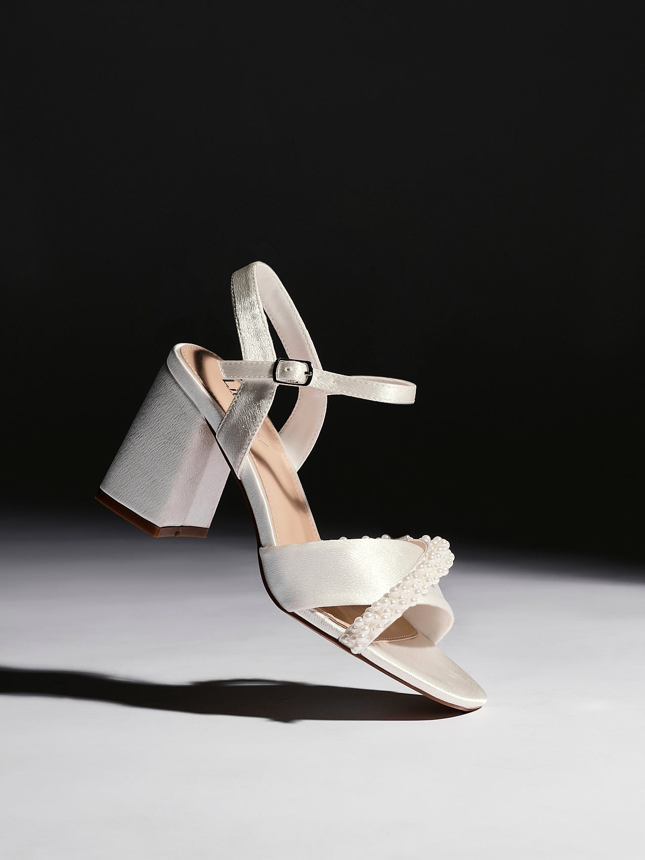 Bridal Wide Fit Ivory Satin Block Heel With Pearl Embellished