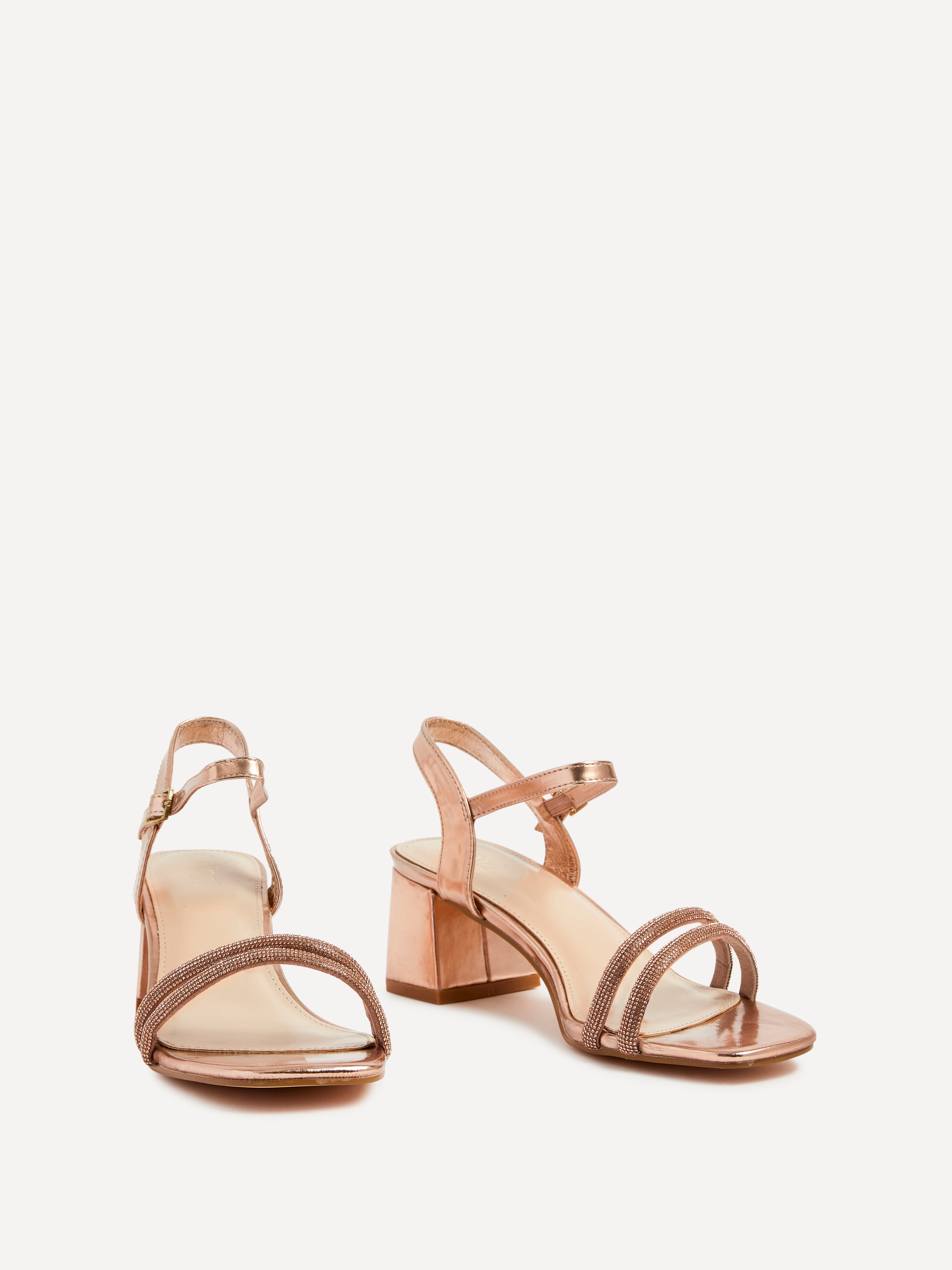 Rose Gold Faux Leather Diamante Block Heeled Sandal – Linzi