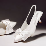 Merlot Bridal White Satin Bow Court Heels