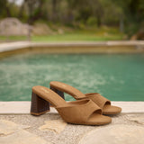 Cannes Tan Faux Suede Mule Heels