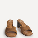 Cannes Tan Faux Suede Mule Heels