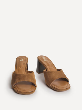 Cannes Tan Faux Suede Mule Heels