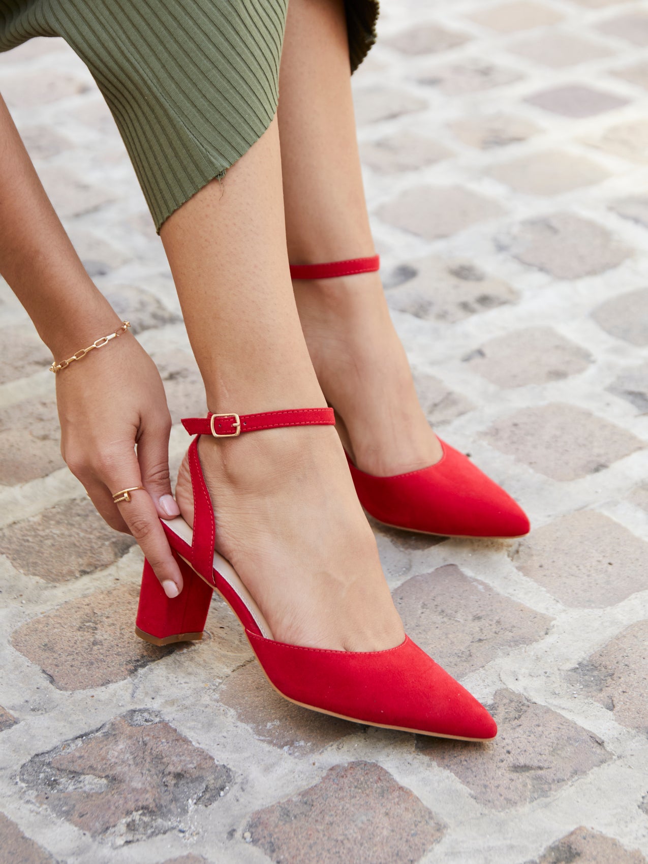 Red Faux Suede Mid Height Court Shoe With Sandal Back – Linzi
