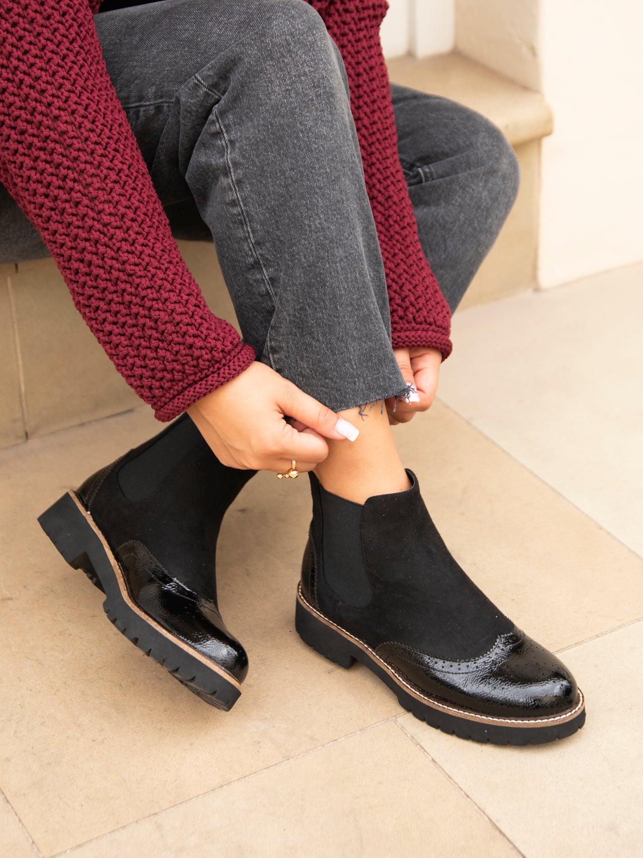 Black Patent Suede Brogue Style Chelsea Boot – Linzi