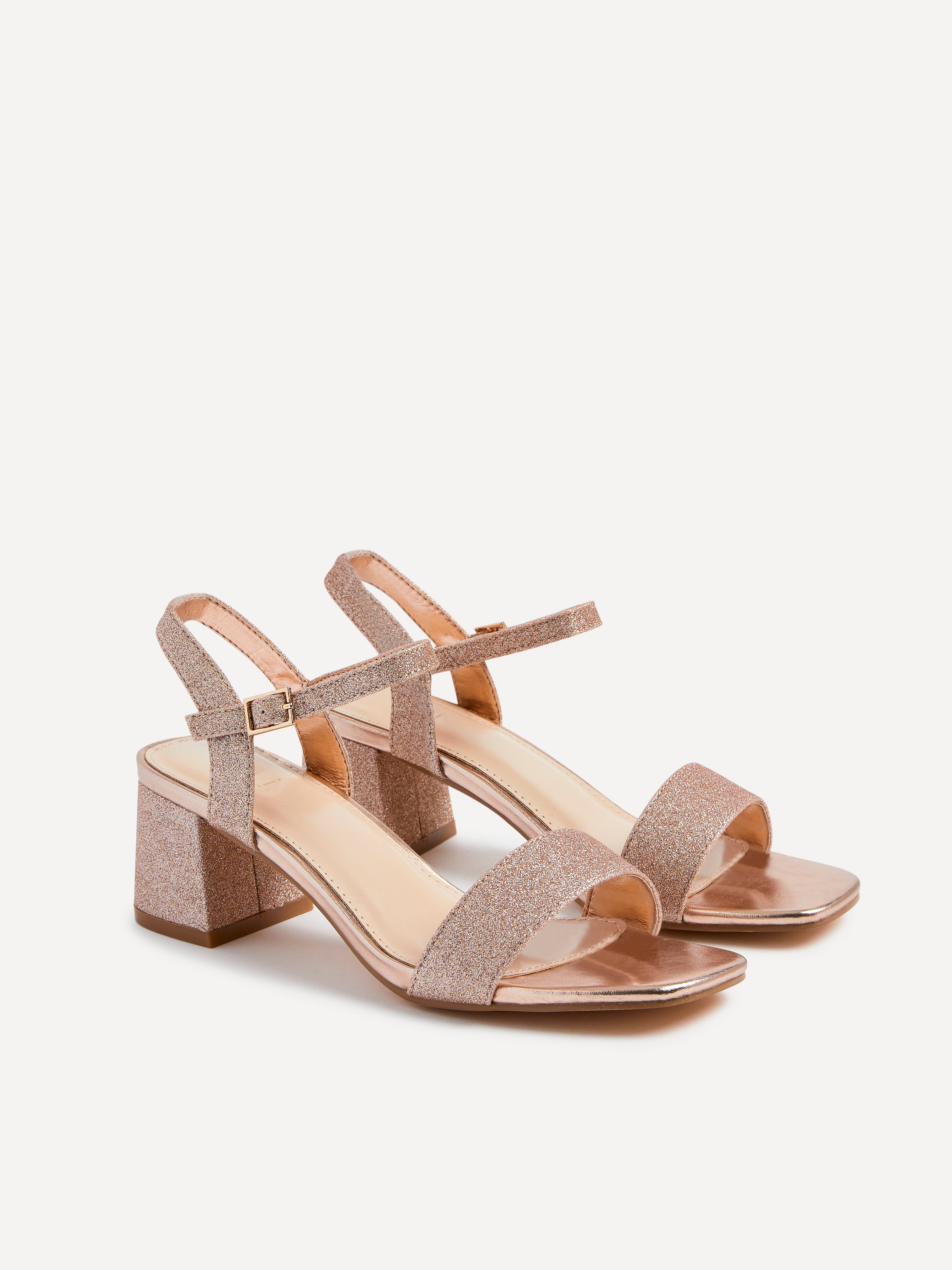 Rose Gold Glitter Low Chunky Block Heeled Sandal โ Linzi