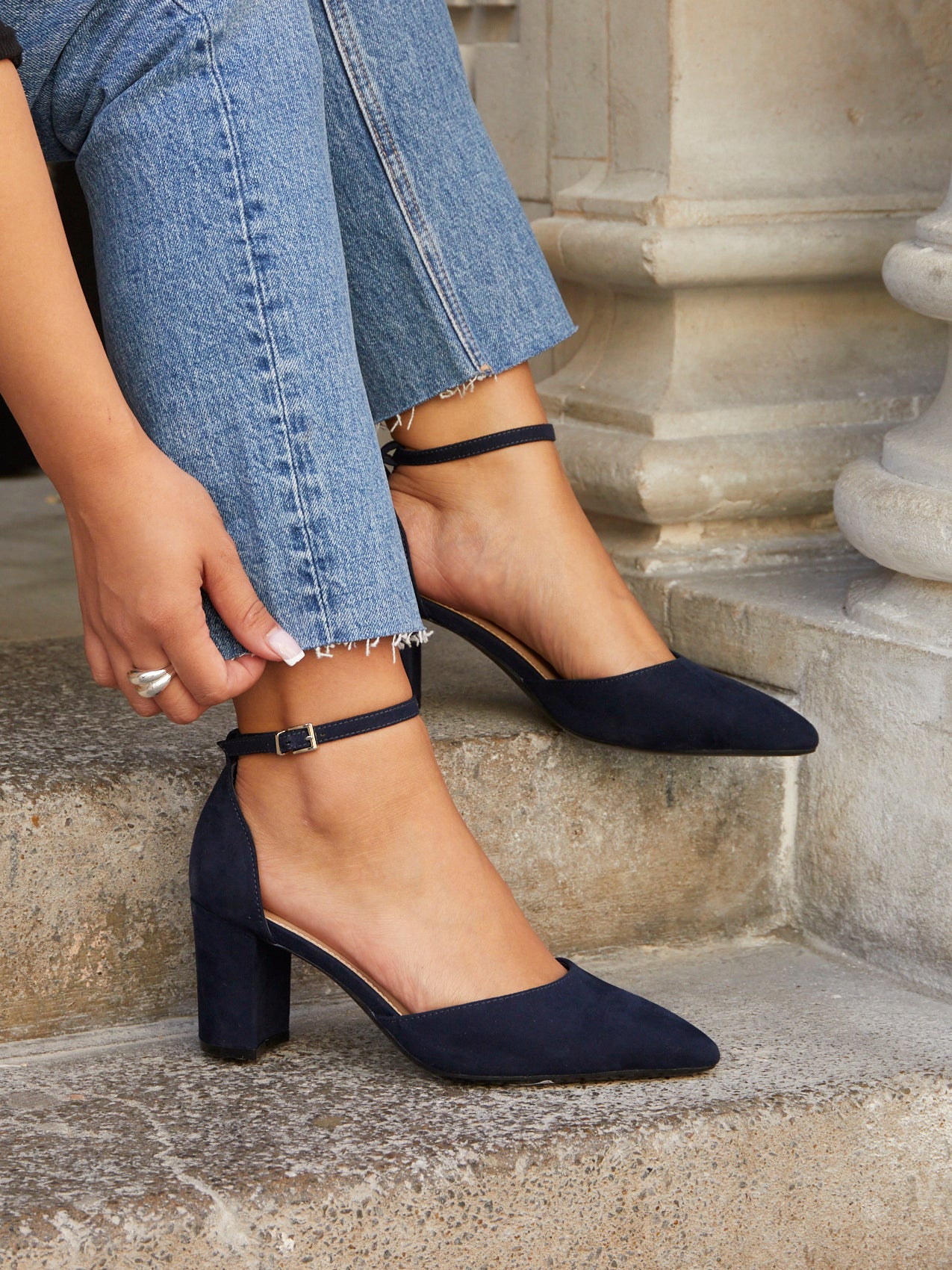 Wide Fit Navy Faux Suede Court Heel With Ankle Strap – Linzi Wide Fit Navy Faux Suede Court Heel With Ankle Strap – Linzi
