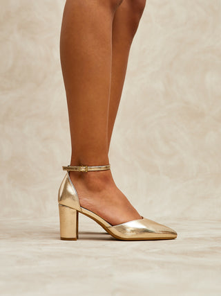 Davina Wide Fit Gold Faux Leather Court Heels