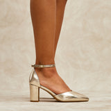 Davina Wide Fit Gold Faux Leather Court Heels