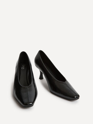 Delaney Black Faux Leather Square Toe Court Heels