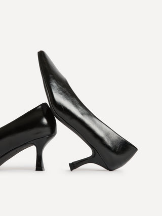 Delaney Black Faux Leather Square Toe Court Heels