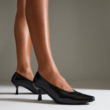 Delaney Black Faux Leather Square Toe Court Heels