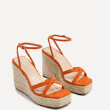 Desta Orange Faux Suede Strappy Rope Wedges