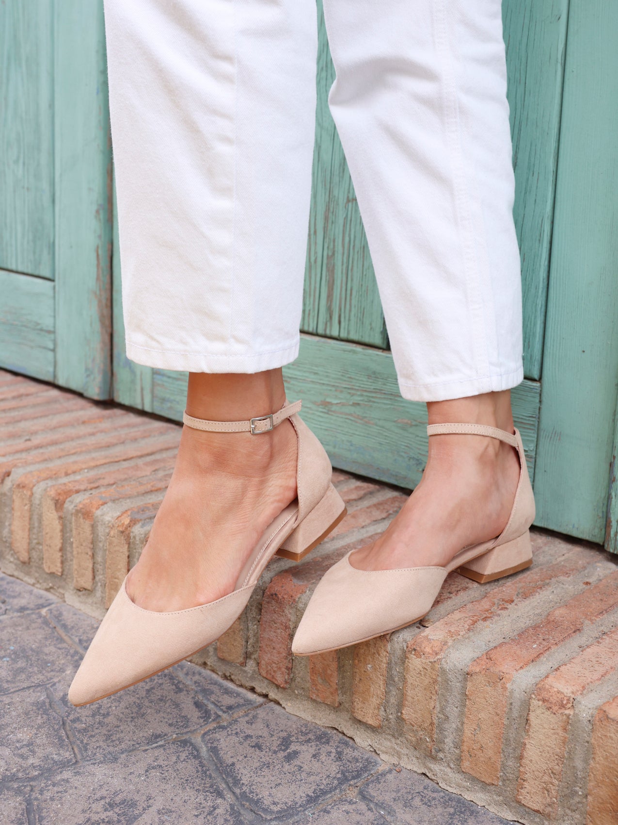 Wide Fit Nude Faux Suede Low Block Court Heel Linzi Wide Fit Nude Faux Suede Low Block Court Heel Linzi