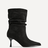 Effect Black Faux Suede Ruched Ankle Boots