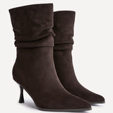 Effect Brown Faux Suede Ruched Ankle Boots
