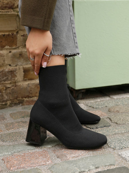 Kitten Heel Sock Black Sock Ankle Booties Black Knit Square Toe
