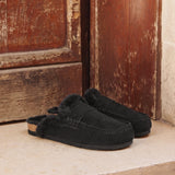 Elma Black Suede Leather Mules With Fur