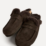 Elma Brown Suede Leather Mules With Fur