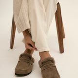 Elma Mocha Suede Leather Mules With Fur