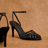 Eros Black Faux Leather Caged Heels