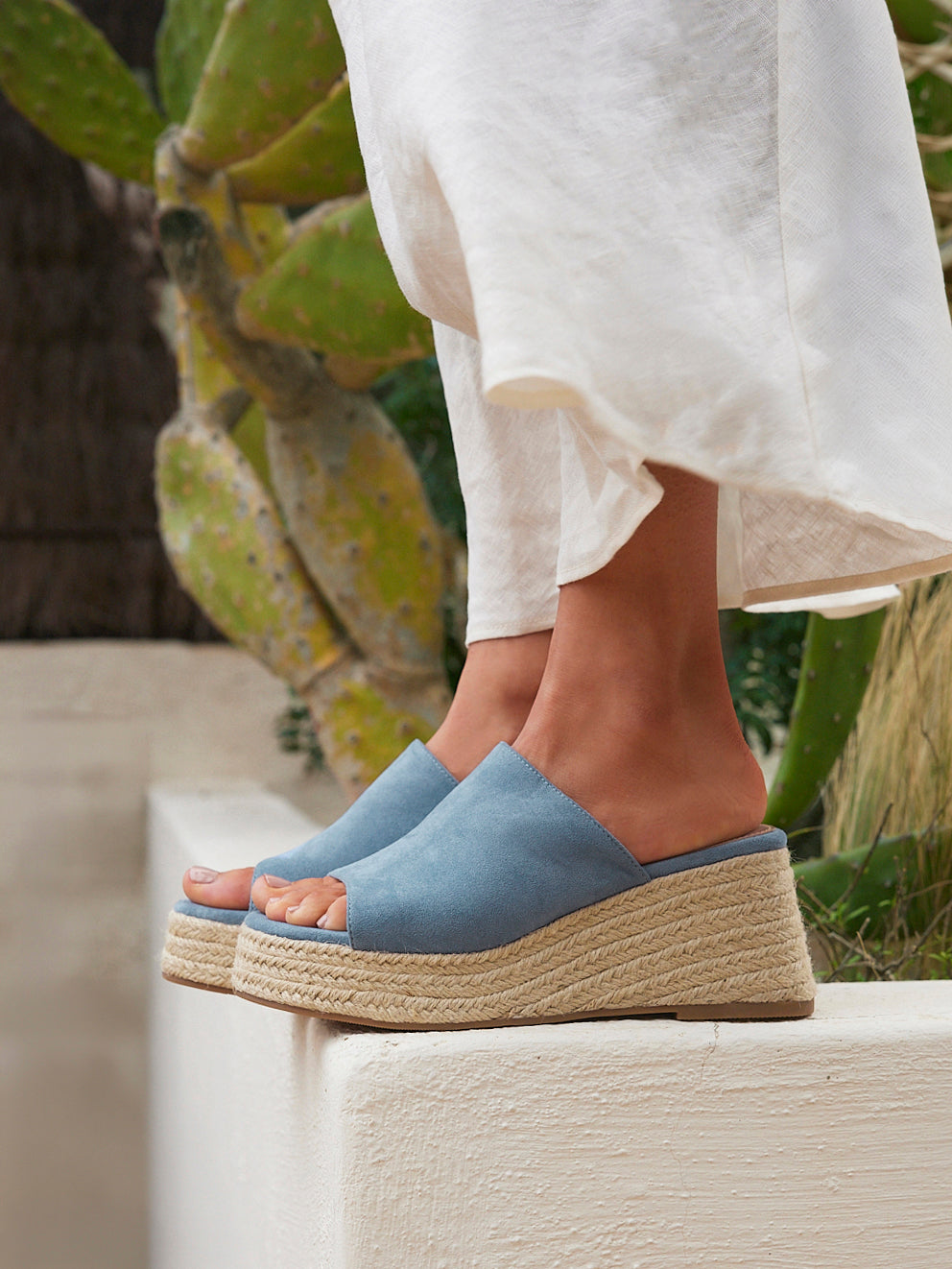 Espresso Pale Blue Faux Suede Espadrille Mule Wedges – Linzi