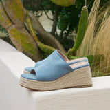 Espresso Pale Blue Faux Suede Espadrille Mule Wedges
