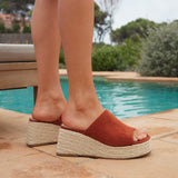 Espresso Rust Faux Suede Espadrille Mule Wedges