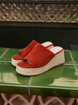 Espresso Rust Faux Suede Espadrille Mule Wedges