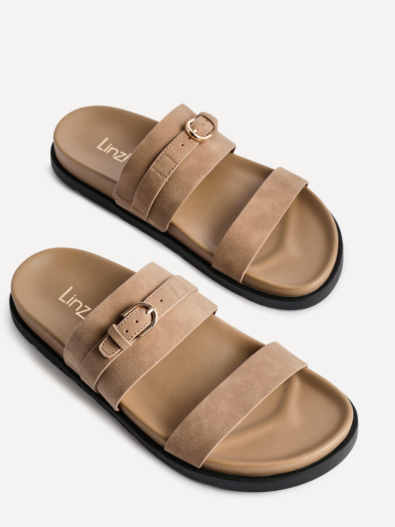 Taupe Nubuck Flat Slider Sandals With Buckle Detail – Linzi
