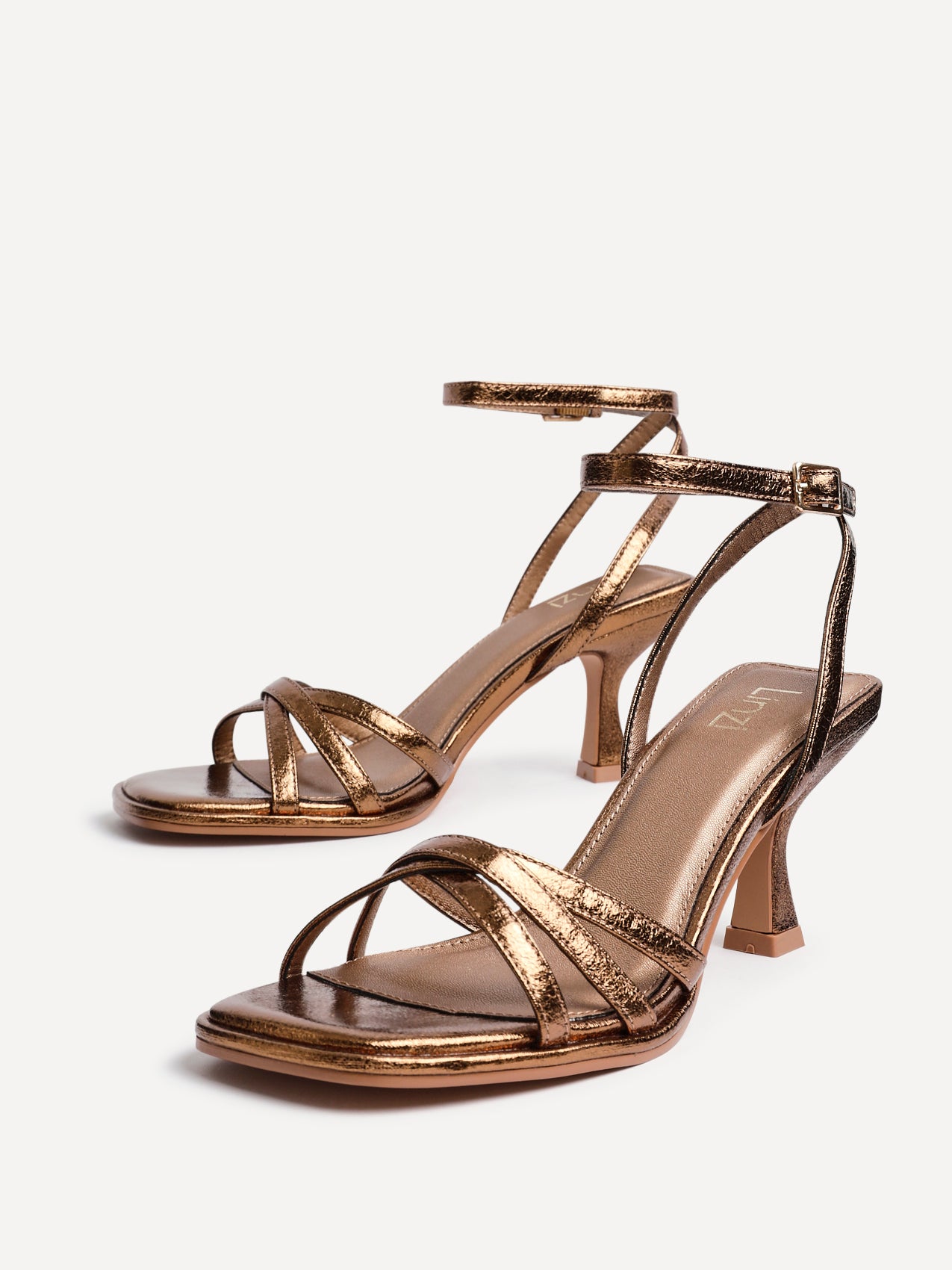 Ankle Strap Bronze Low Heel Sandals Bronze Faux Leather Strappy